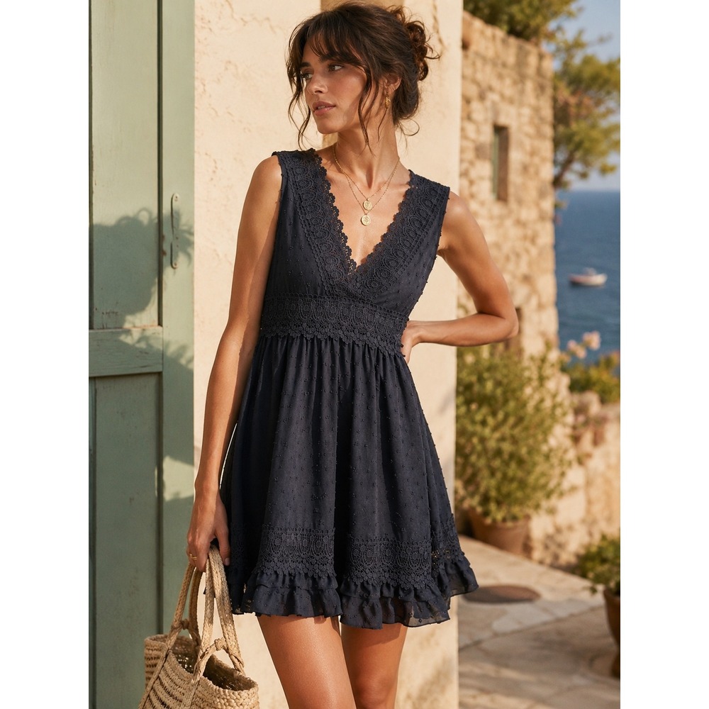 Black Swiss Dot Lace Mini Dress XS‎ Boho Romantic Coquette Summer